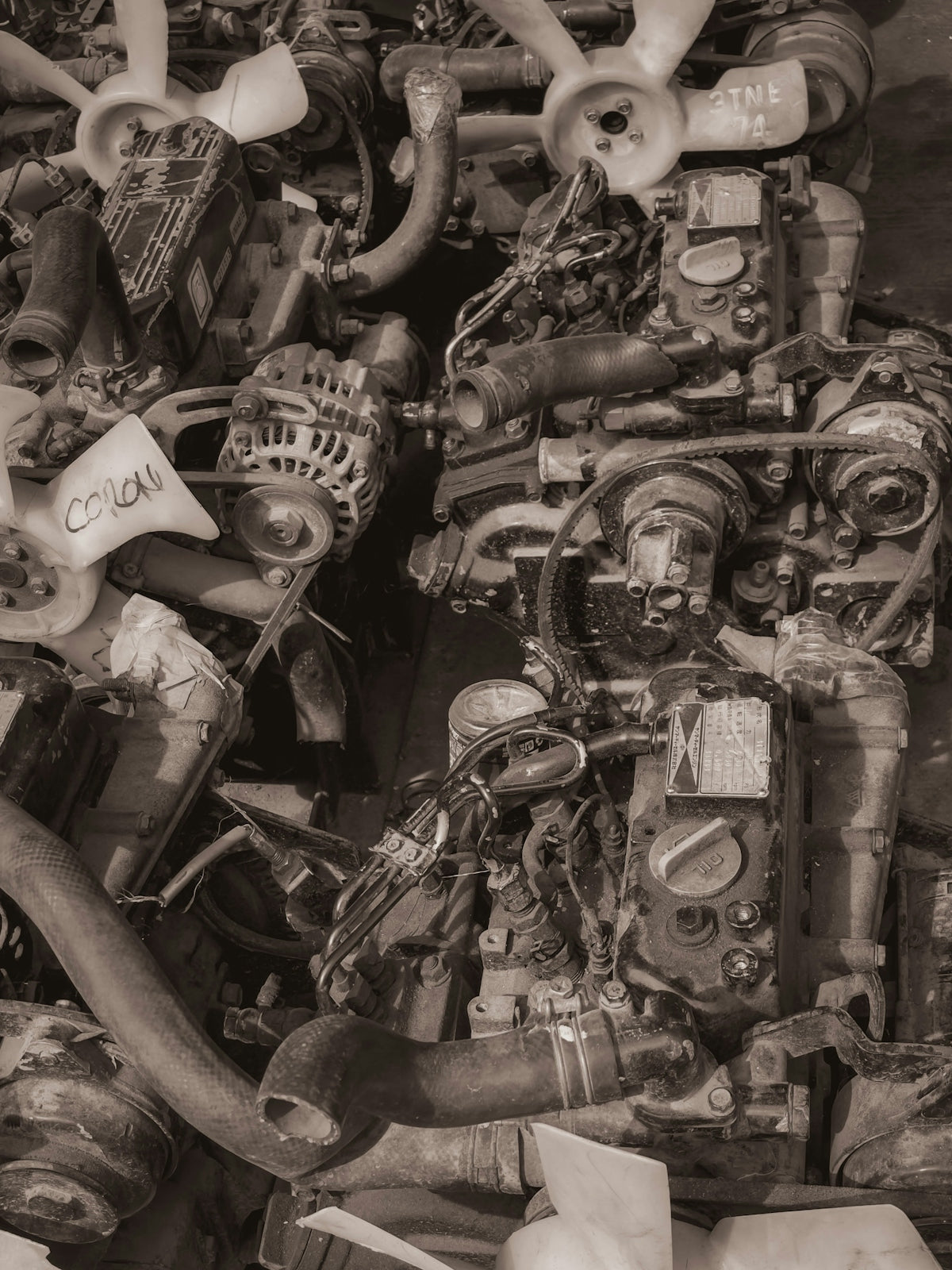 Close-up of old diesel engines and parts